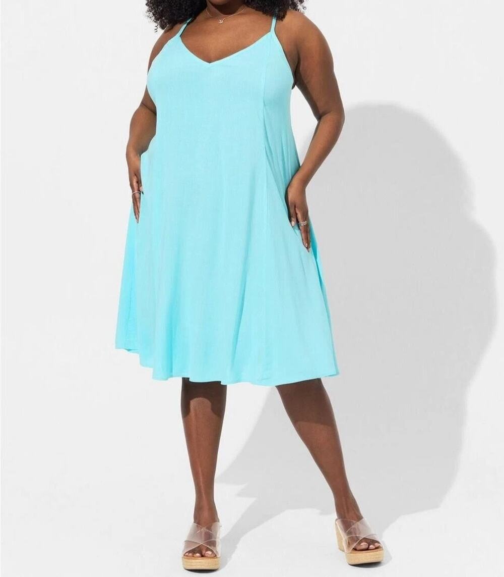 Torrid Midi Rayon Slub V Neck Cami Beach Dress Blue Radiance Gauze Womens 6X